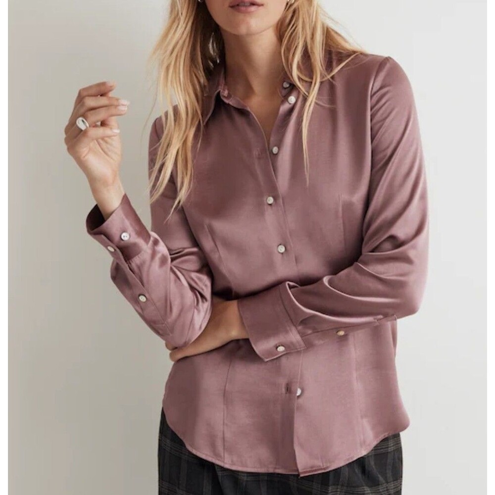 Madewell Women’s Satin Button-Up Shirt Size 4 Pink Satin Long Sleeve Blouse